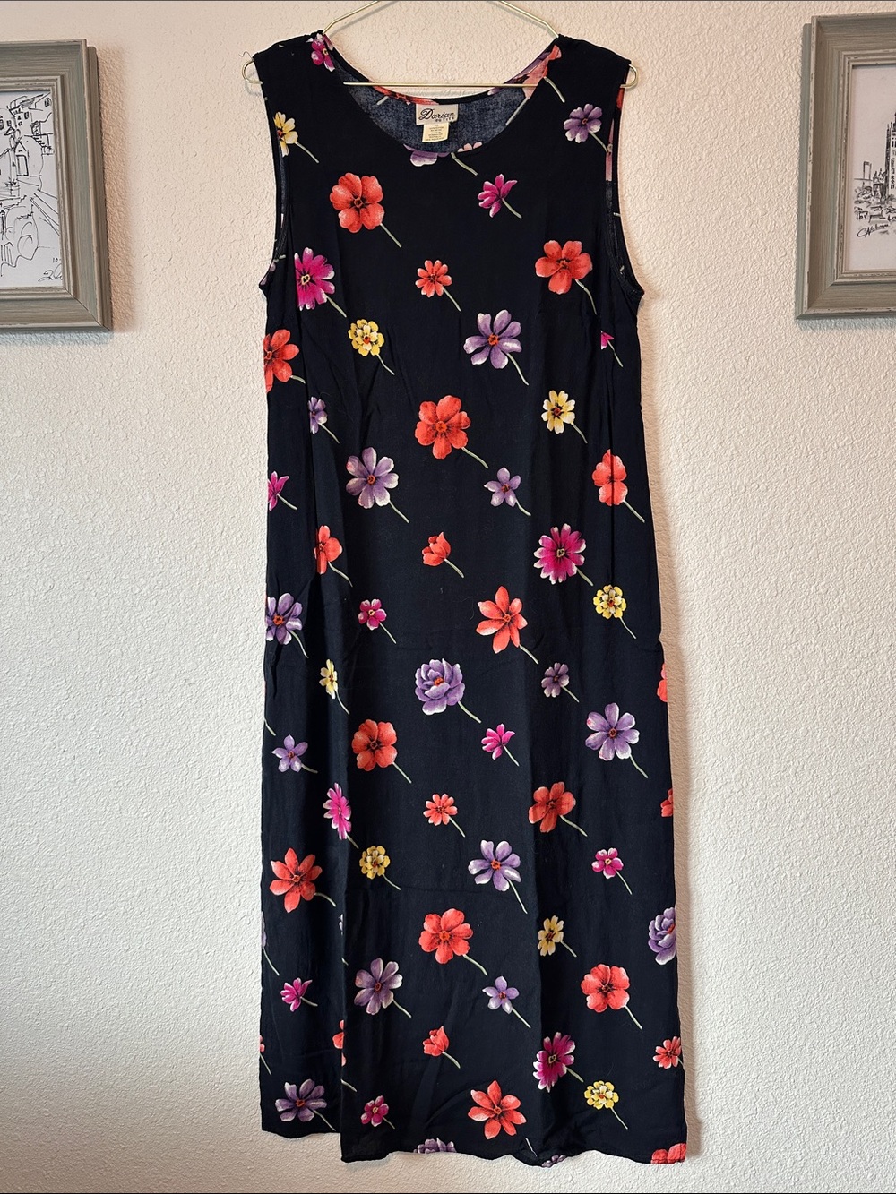 Black Floral Sleeveless Maxi Dress with Pink, Purple & Red Flowers